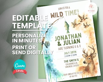 Fishing & Hunting Birthday Invitation, Joint Party Invite, Editable Template, Printable Card, Instant Download