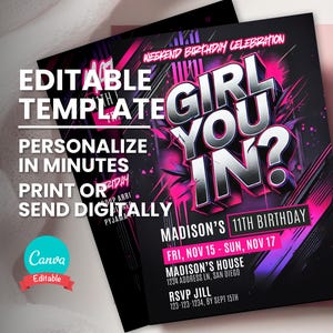 Convite e itinerário de fim de semana para meninas, qualquer idade, qualquer tema, modelo digital editável, conjunto de convites para festa de aniversário para impressão, download instantâneo
