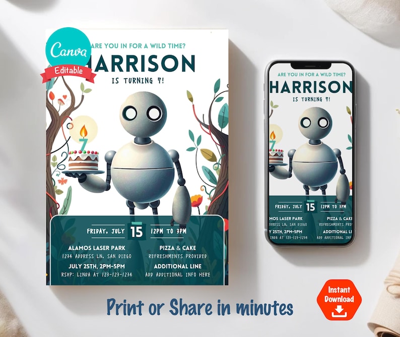 Robot Birthday Invitation, Robot Party Invite, Editable Candle Age