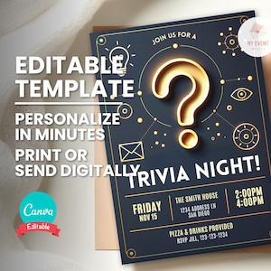 May include: Editable template for a trivia night invitation. The invitation features a gold question mark on a dark blue background with gold accents. The text reads "Join us for a Trivia Night!" and includes details such as date, time, location, and RSVP information.