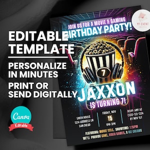 Convite de aniversário de filme e videogame, convite para festa de jogos de teatro, modelo editável, cartão de aniversário para impressão, convite digital, download instantâneo