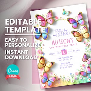 Faire-part d'anniversaire papillon, champ de fleurs sauvages arc-en-ciel, modèle numérique modifiable pour tout âge, téléchargement immédiat, invitation à une fête d'anniversaire imprimable