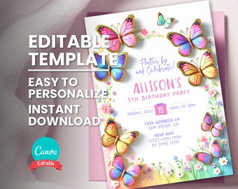 Butterfly Birthday Invitation, Rainbow Wildflower Field, Any Age Editable Digital Template, Instant Download, Printable Bday Party Invite