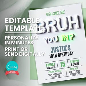 Bruh verjaardagsuitnodiging, elke leeftijd, elk thema, 3D minimalistische digitale sjabloon, bewerkbare uitnodiging voor feest, Instant Download, Afdrukbare verjaardagskaart,
