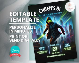 Spy Birthday Invitation, Editable Secret Agent Invite, Neon City Detective Party Template, Personalize Name Age, Instant Download Canva