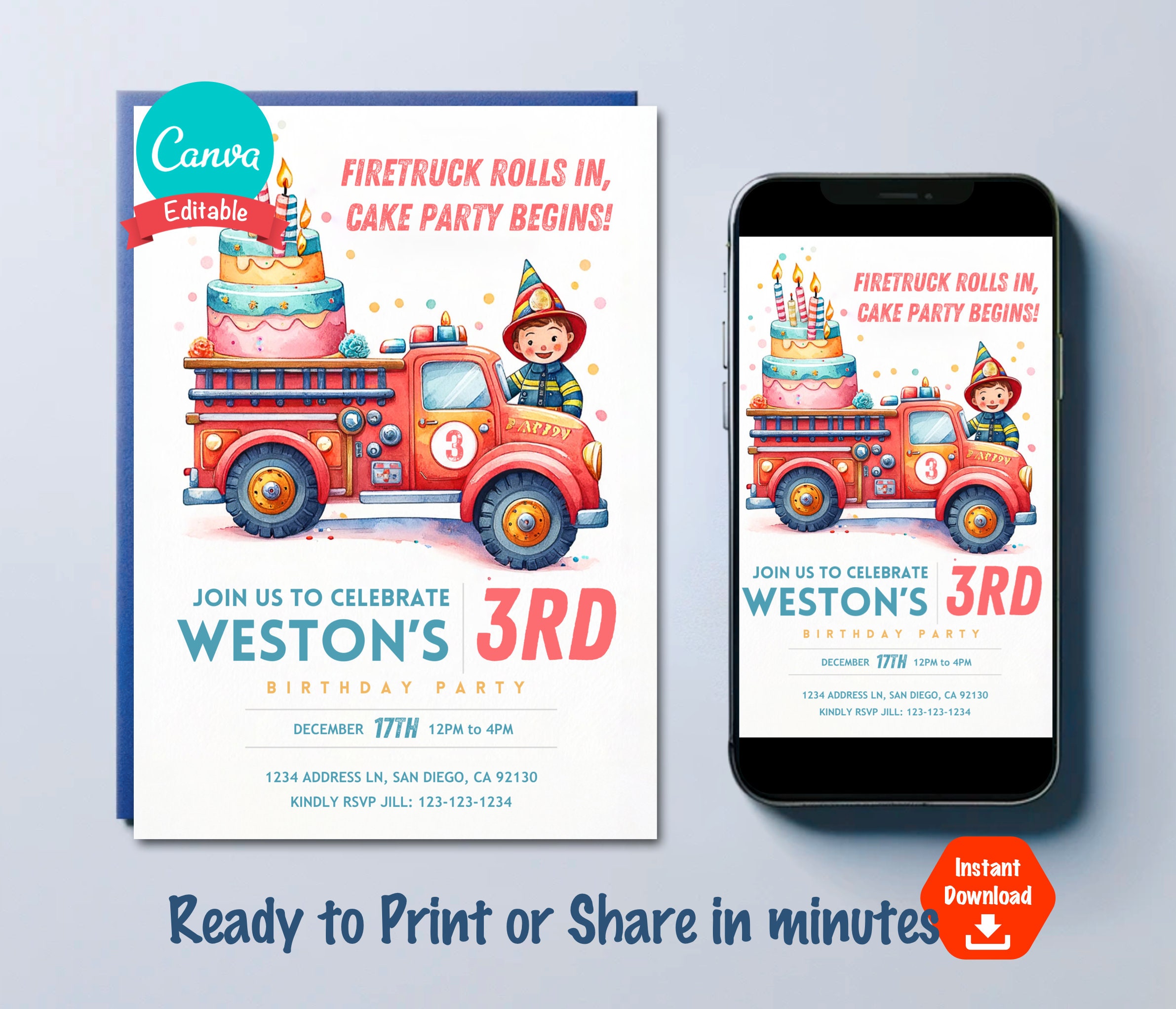 Fire Engine Birthday Invitation for Kids Personalizable Fireman ...