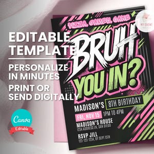 Convite de aniversário do irmão, qualquer idade, qualquer tema, modelo digital, convite para festa editável, download instantâneo, cartão de aniversário para impressão, grafite neon