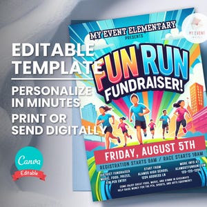 Convite para corrida divertida, folheto para arrecadação de fundos para escola ou instituição de caridade, modelo editável, convite para telefone digital, cartão para impressão, download instantâneo