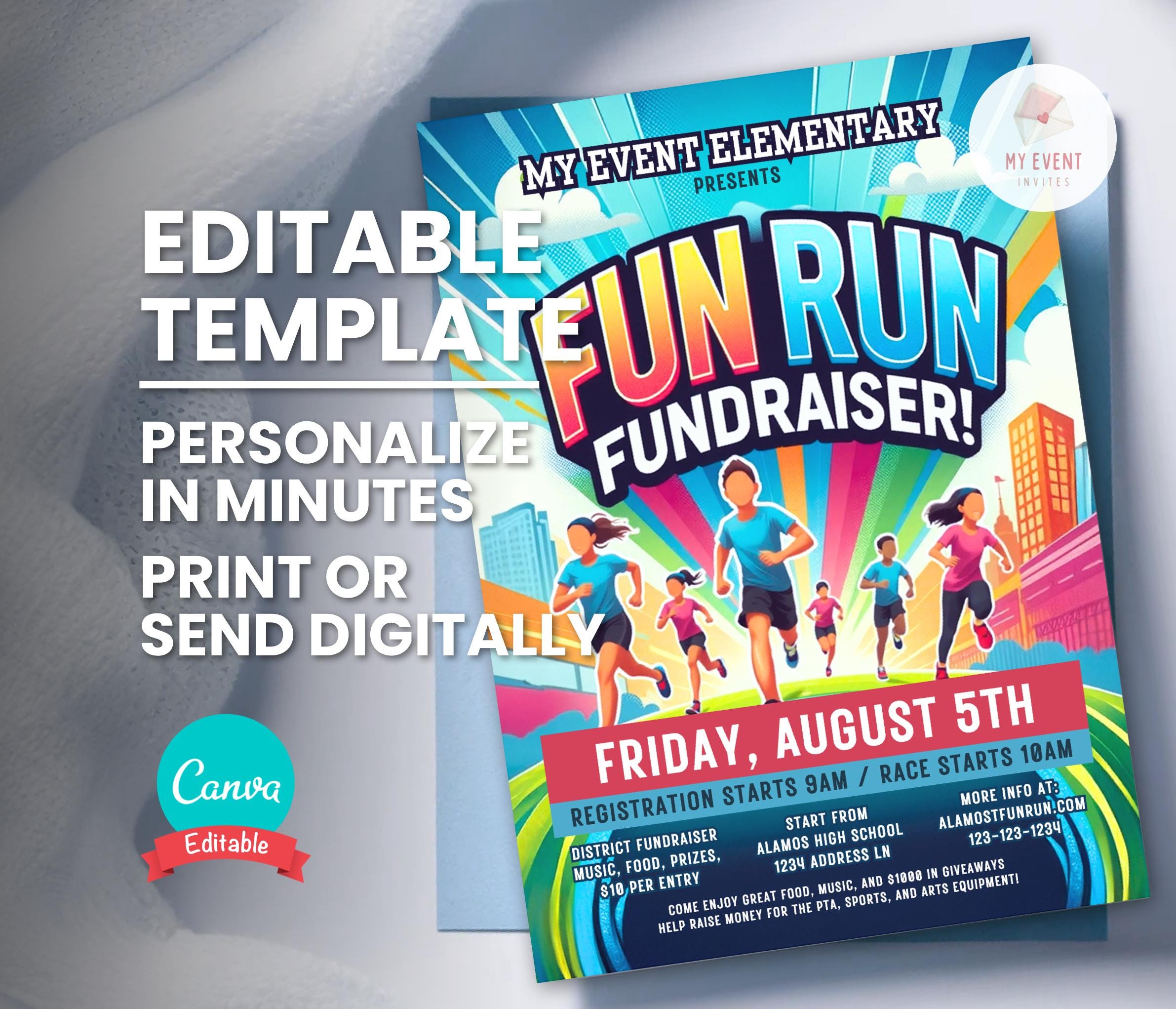 Fun Run Invitation, School or Charity Fundraiser Race Flyer, Editable Template, Digital Phone Evite, Printable Card, Instant Download