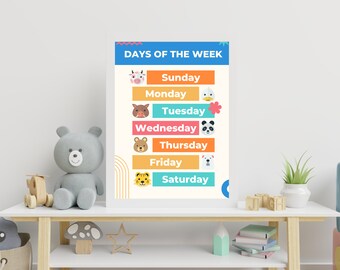 Animals Days Of The Week Digital Download, Preschool Learning Digital Print, Kids Room Wall Decor, Educational Poster Days of the Week Print