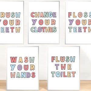 Kids Bathroom Rules Set of 5 Digital Download, Flush the Toilet, Wash Your Hands, Brush Your Teeth, Floss Your Teeth, Change Your Clothes