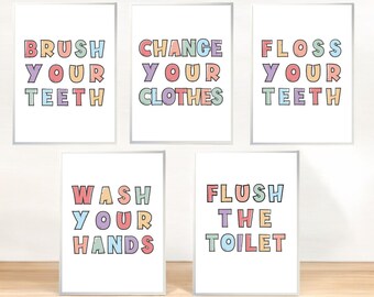 Kids Bathroom Rules Set of 5 Digital Download, Flush the Toilet, Wash Your Hands, Brush Your Teeth, Floss Your Teeth, Change Your Clothes