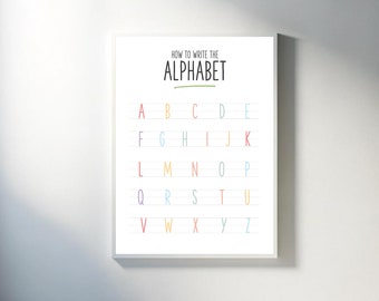 Alphabet Writing Chart Poster for Classroom, Educational Digital Print, Homeschool Wall Decor, How To Write The Alphabet Digital Download