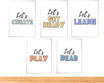 Kids Playroom Decor Set of 5 Digital Download, Lets Play, Lets Create, Lets Learn, Lets Read, Lets Get Ready, Kids Playroom Prints Wall Art