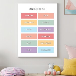 Maanden van het jaar kinderkamer muurkunst digitale download, poster homeschool leren, educatieve muurkunstposter, kalendergrafiek digitale print