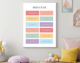 Months of the Year Nursery Wall Art Digital Download, Homeschool Learning Poster, Educational Wall Art Poster, Calendar Chart Digital Print