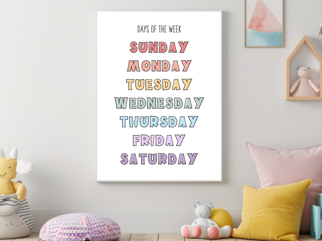 Days of the Week Digital Print, Classroom Wall Poster for Kindergarten ...