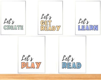 Kids Playroom Poster Set of 5 Digital Download, Lets Play, Lets Create, Lets Learn, Lets Read, Lets Get Ready, Kids Playroom Decor Print Set