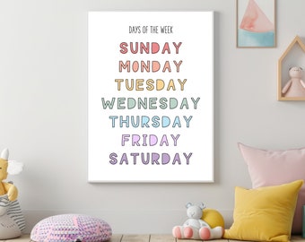 Days of the Week Printable, Educational Digital Download, Kids Room Wall Decor, Kindergarten Wall Decor, Homeschool Resources Digital Print