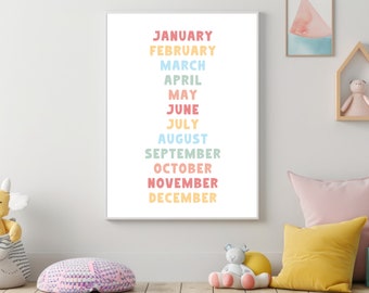 Calendar Months Of The Year Poster Digital Download, Playroom Educational Poster, Homeschool Wall Decor, Preschool 12 Months Digital Print