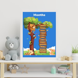 Maanden van het jaar digitale download, kinderkamer muurkunst poster decor, thuisonderwijs digitale print, kalender maand digitale download