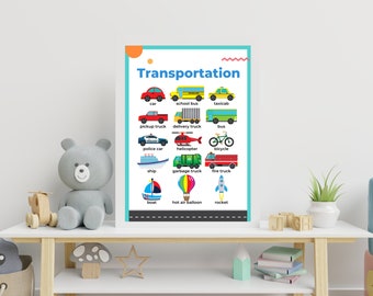 Descarga digital de transporte para niños, impresión digital de tipos de vehículos, decoración de habitaciones infantiles con transporte, arte imprimible para pared de guardería