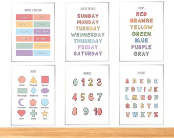 Educational Wall Art Set of 6 Digital Download, Days of the Week, Colors Name, Alphabet Letters, Numbers 0-10, Shapes And Month Chart Poster