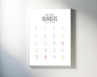 How To Write Numbers Poster Digital Download, Educational 1-20 Numbers Digital Print, Childrens Playroom Wall Decor, Nursery Numbers Print