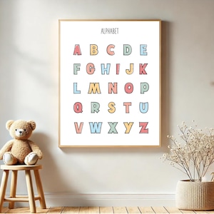 Descarga digital de letras mayúsculas del alfabeto infantil, póster educativo para decorar la sala de juegos, póster colorido del alfabeto para la habitación de los niños.