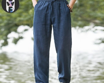 Pantalones de lino de algodón fino transpirables para la playa/pantalones rectos con cordones sueltos informales para hombre