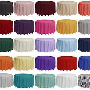 May include: A collection of 30 round tablecloths in various colors and patterns, including solid colors like black, white, red, blue, green, yellow, orange, purple, and pink, as well as a checkered pattern.