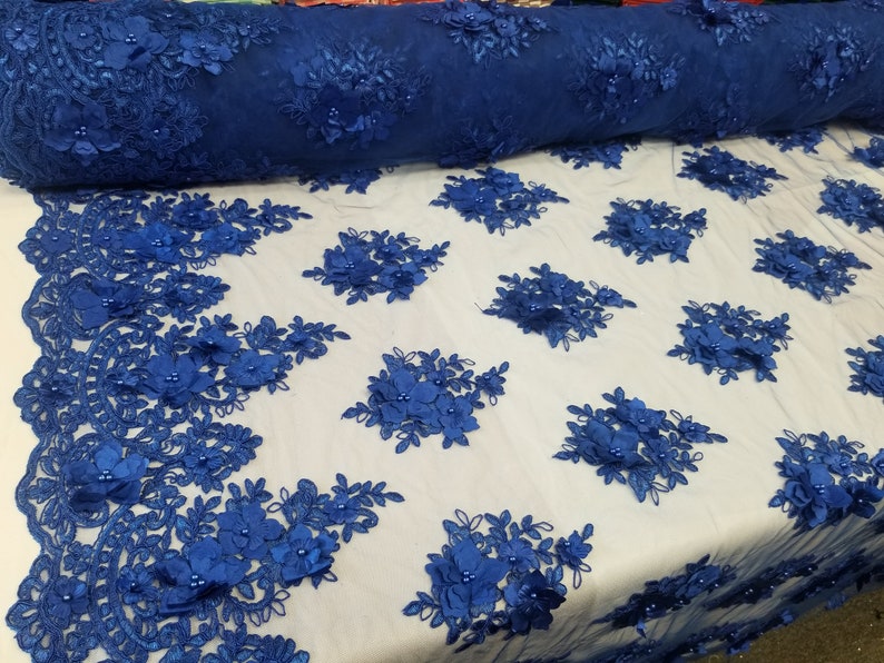 Royal Blue 3D Embroidered Satin Floral Wedding Lace Fabric - Sold by ...