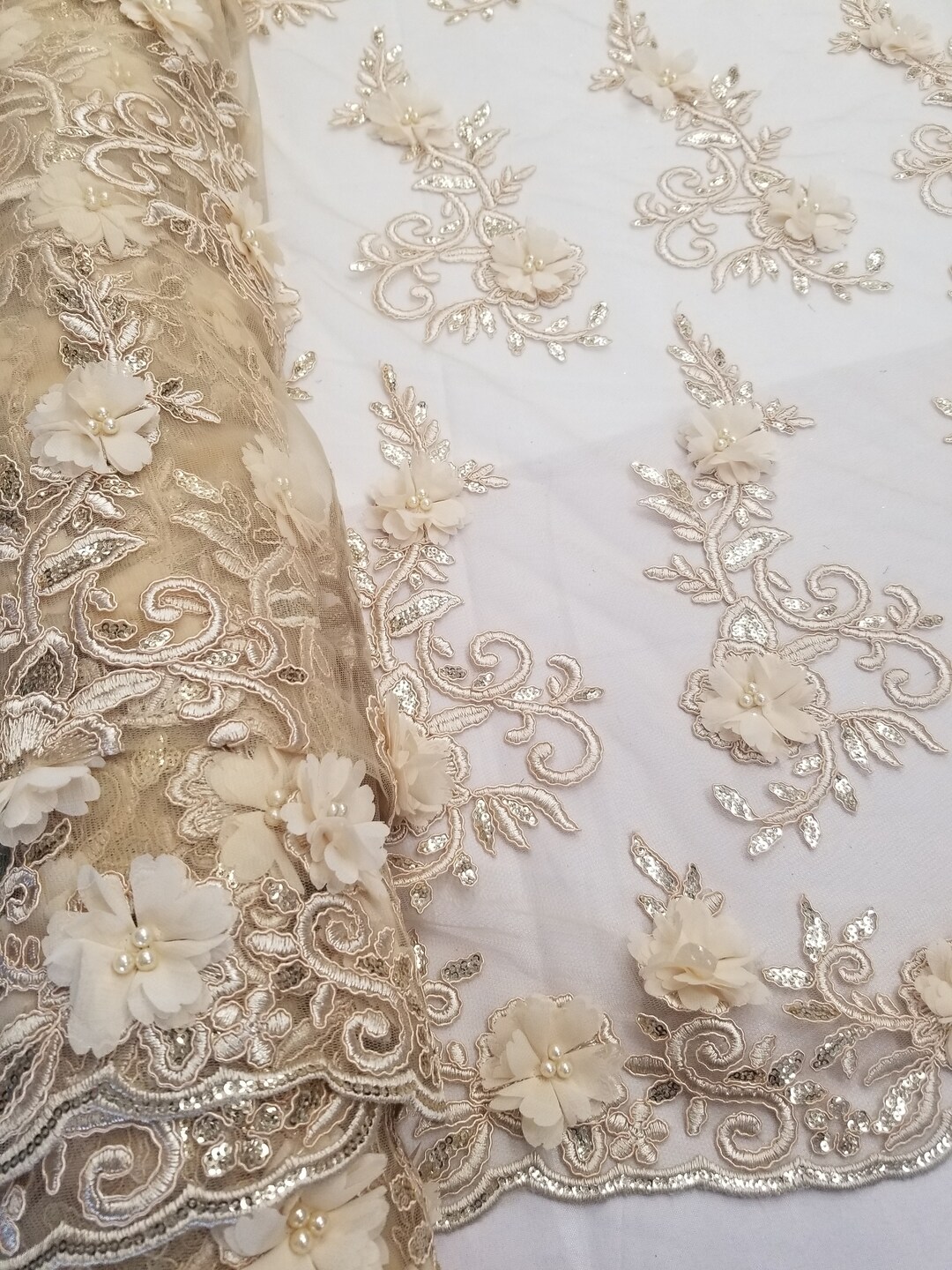 Champagne 3D Embroidered Satin Floral Wedding Lace Fabric - Sold by the ...