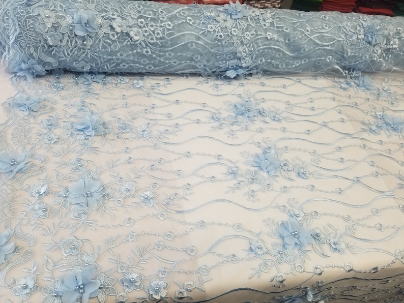 Baby Blue 3D Embroidered Satin Floral Wedding Lace Fabric - Sold by the ...