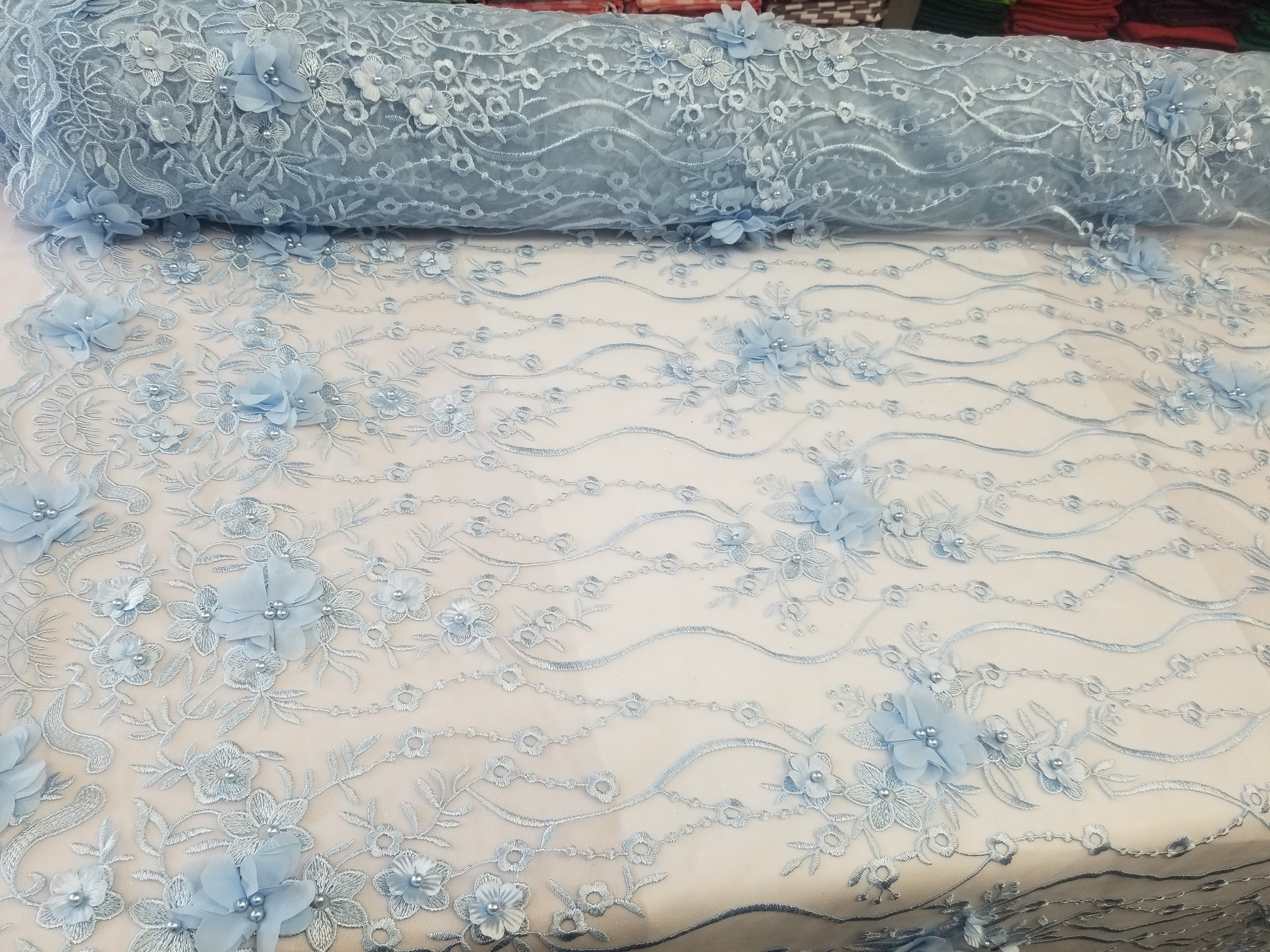 Baby Blue 3D Embroidered Satin Floral Wedding Lace Fabric - Sold by the ...