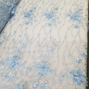 Baby Blue 3D Embroidered Satin Floral Wedding Lace Fabric - Sold by the ...