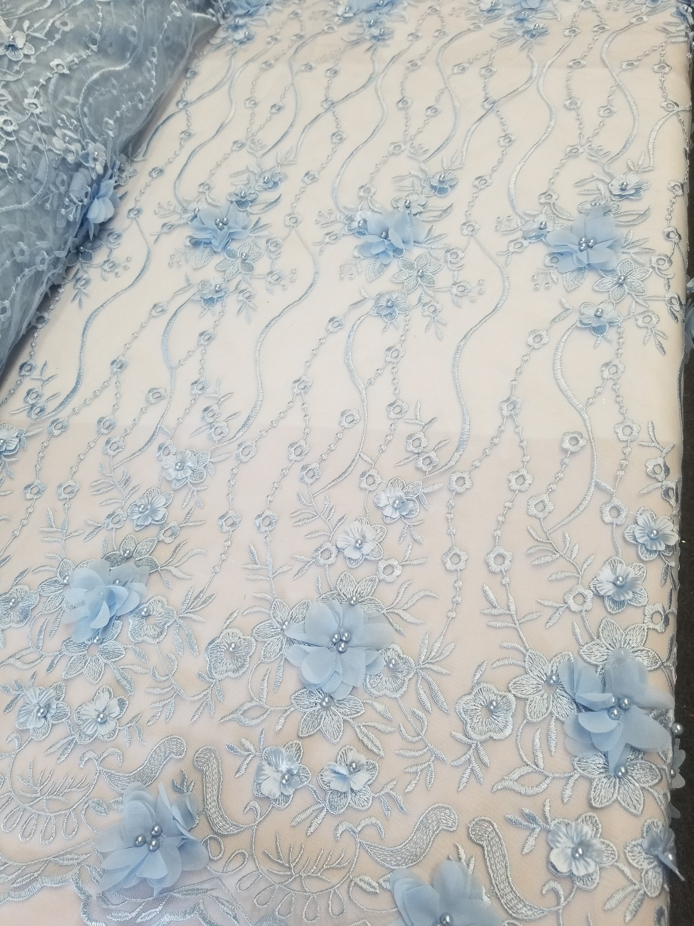 Baby Blue 3D Embroidered Satin Floral Wedding Lace Fabric - Sold by the ...