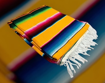 Authentic Yellow color-way serape 102" x 63" Throw , Mexican Blanket, 1970s Mexican Textile, Serape Blanket, Southwestern Decor
