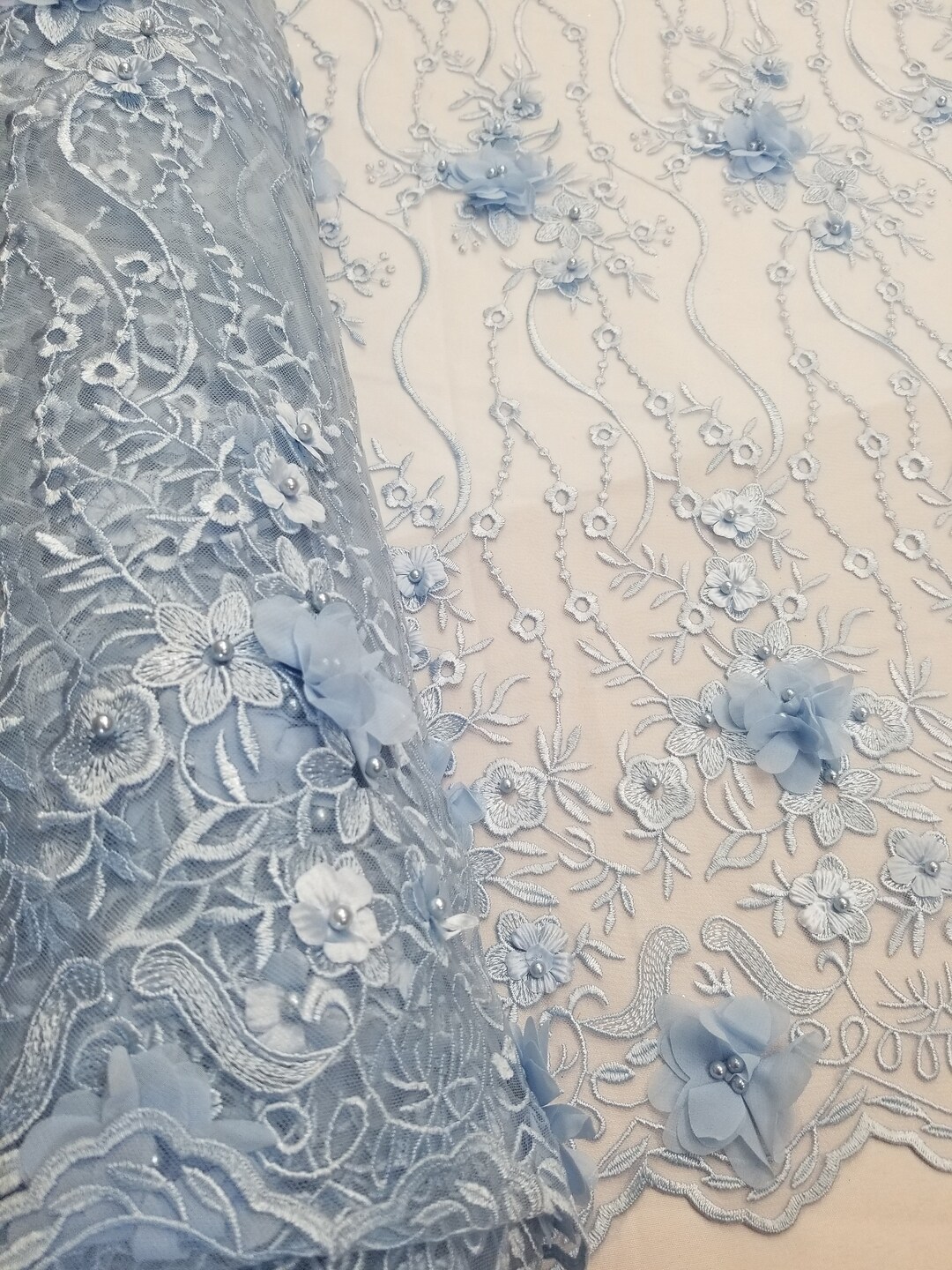 Baby Blue 3D Embroidered Satin Floral Wedding Lace Fabric - Sold by the ...