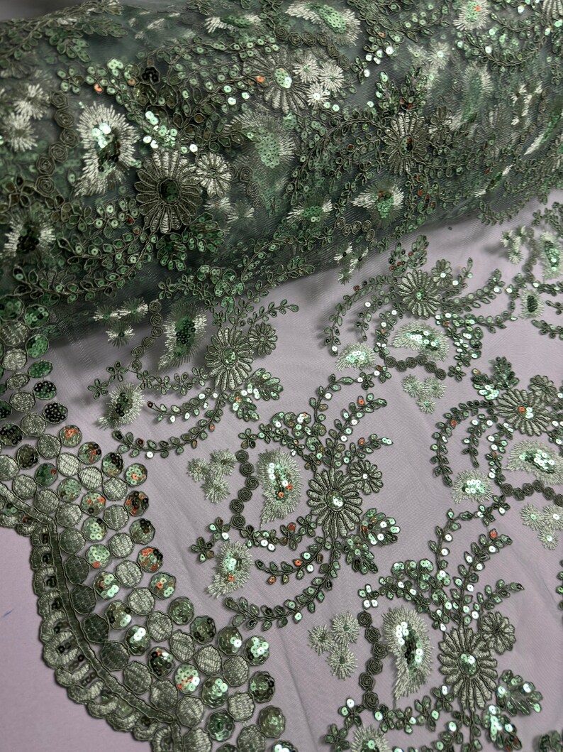 CHAMPAGNE FASHION FLORAL DESIGN EMBROIDER WITH SEQUINS AND BEADS ON A MESH-YARD