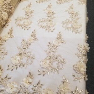Champagne 3D Embroidered Satin Floral Wedding Lace Fabric - Sold by the ...