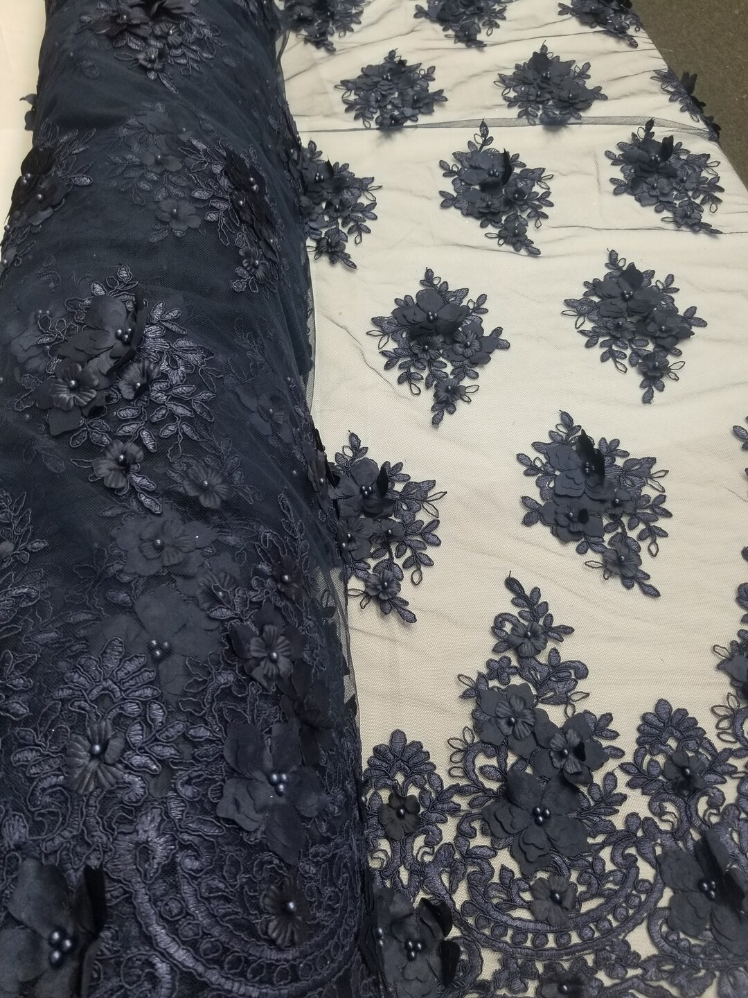 Navy Blue 3D Embroidered Satin Floral Wedding Lace Fabric - Sold by the ...
