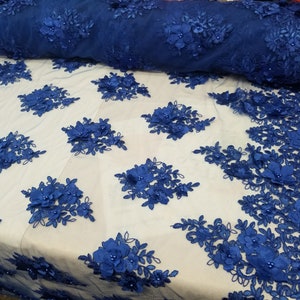 Royal Blue 3D Embroidered Satin Floral Wedding Lace Fabric - Sold by ...