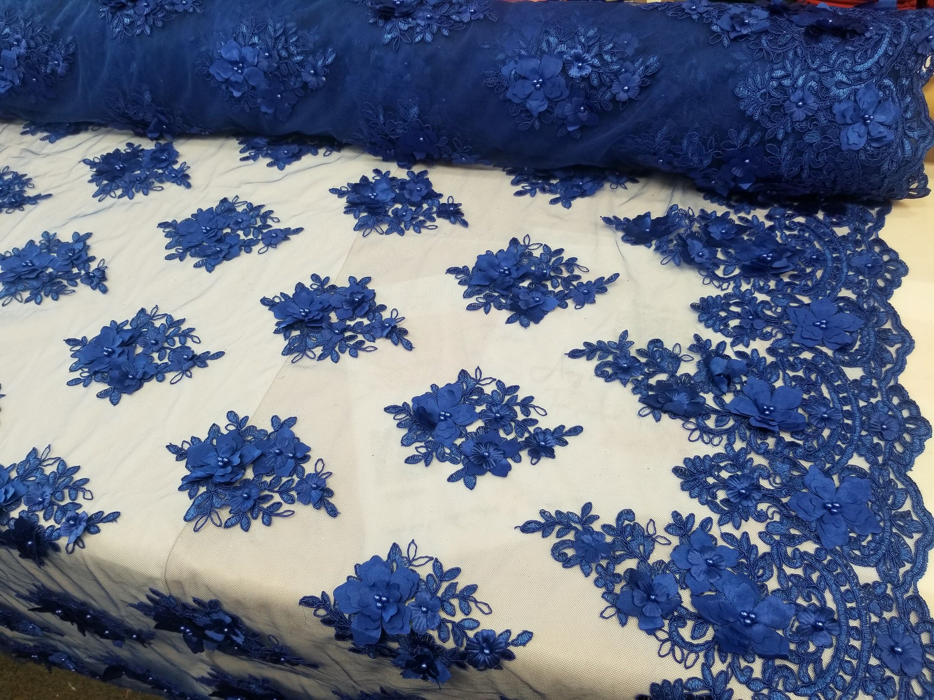 Royal Blue 3D Embroidered Satin Floral Wedding Lace Fabric - Sold by ...