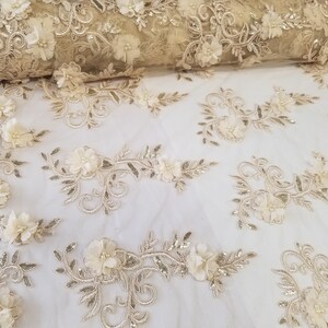 Champagne 3D Embroidered Satin Floral Wedding Lace Fabric - Sold by the ...