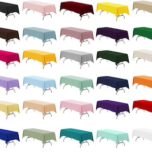 May include: A set of 30 tablecloths in various colors, including red, blue, green, yellow, pink, and white. The tablecloths are all rectangular and are shown laid out on a white background.