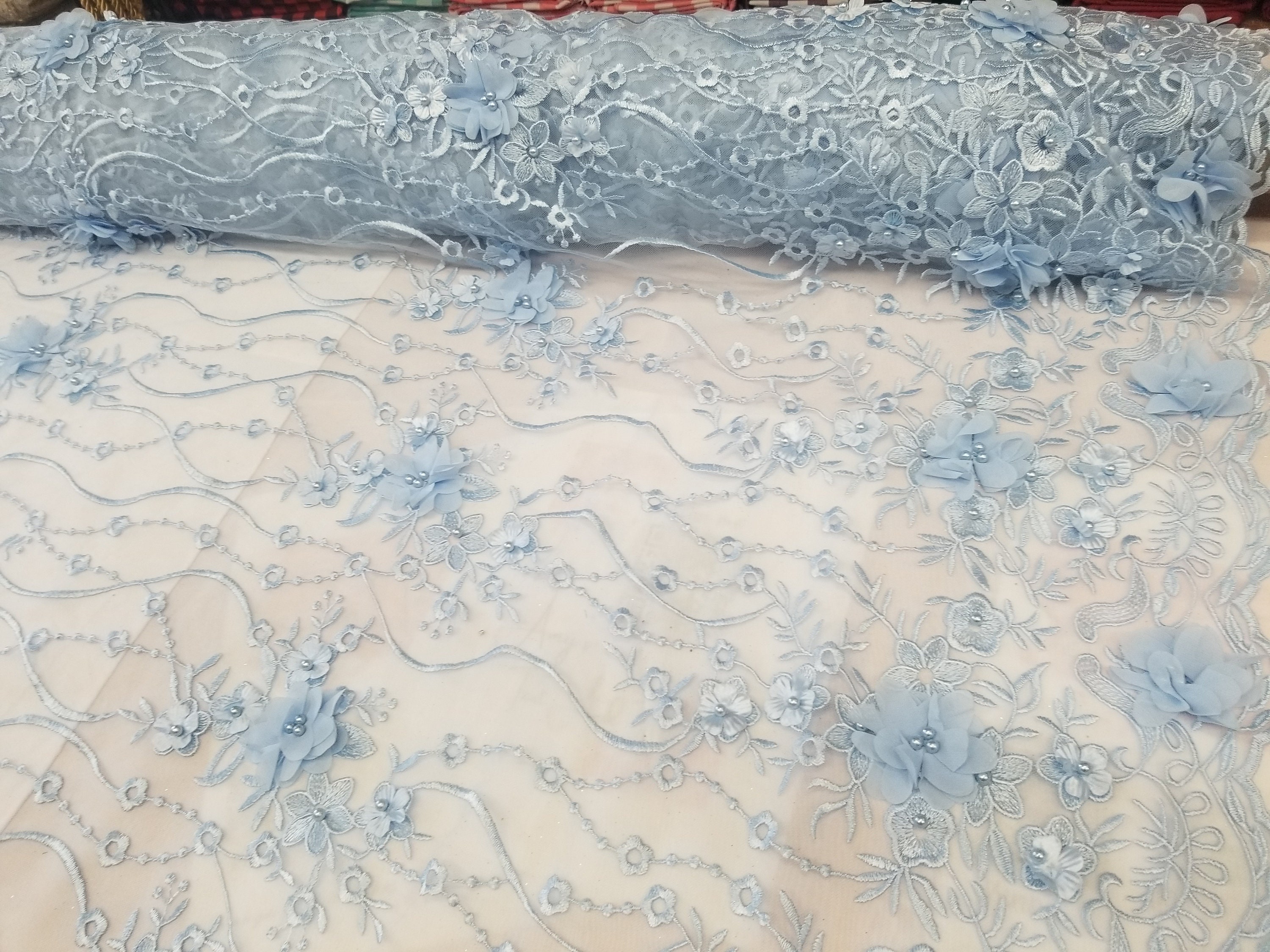 Baby Blue 3D Embroidered Satin Floral Wedding Lace Fabric - Sold by the ...