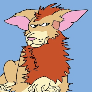 May include: A digital character reference sheet featuring a tan and orange feline creature with pink ears. The illustration includes multiple views, a paw print, a claw, and the text NAME and Left Side Has NO Scar with an arrow.