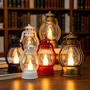 May include: A collection of decorative lanterns in various colors, including black, white, red, and gold. Each lantern has a clear glass enclosure with a warm, flickering LED candle inside. The lanterns are arranged on a wooden surface against a backdrop of bookshelves.