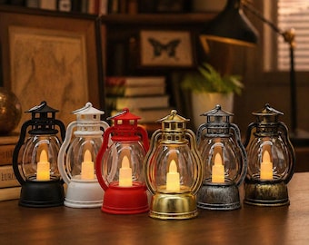 Set of 2 Vintage LED Lantern Candle Lights, Flameless Candles, Rustic Decorative Night Light, Wedding Table Centerpiece Decor